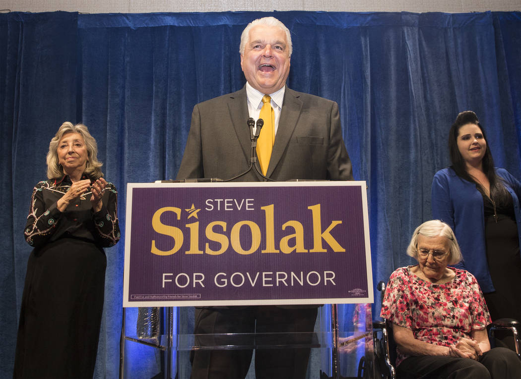 Steve Sisolak speaks to supporters at a watch party after winning the gubernatorial democratic primary at the Aria hotel-casino on Tuesday, June 12, 2018, in Las Vegas. Benjamin Hager Las Vegas Re ...