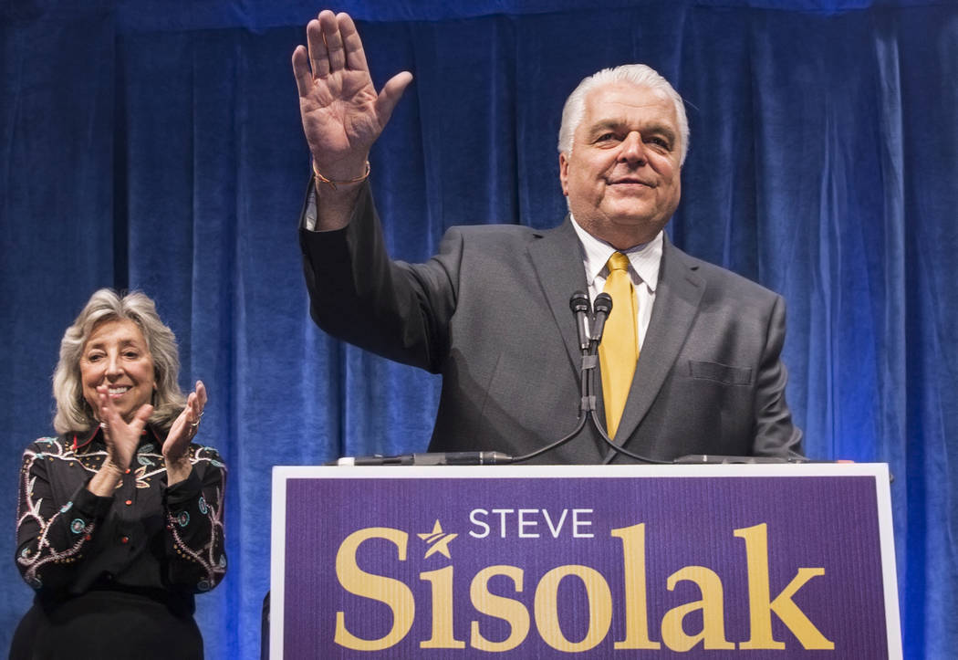 Steve Sisolak speaks to supporters at a watch party after winning the gubernatorial democratic primary at the Aria hotel-casino on Tuesday, June 12, 2018, in Las Vegas. Benjamin Hager Las Vegas Re ...