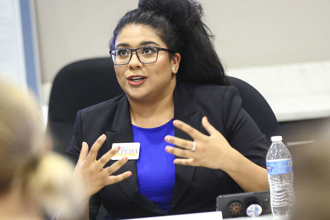 Irene Cepeda, candidate for Clark County School Board District D, speaks during a panel of candidates running for Nevada's education boards held by the Guinn Center and Hope for Nevada at The Publ ...