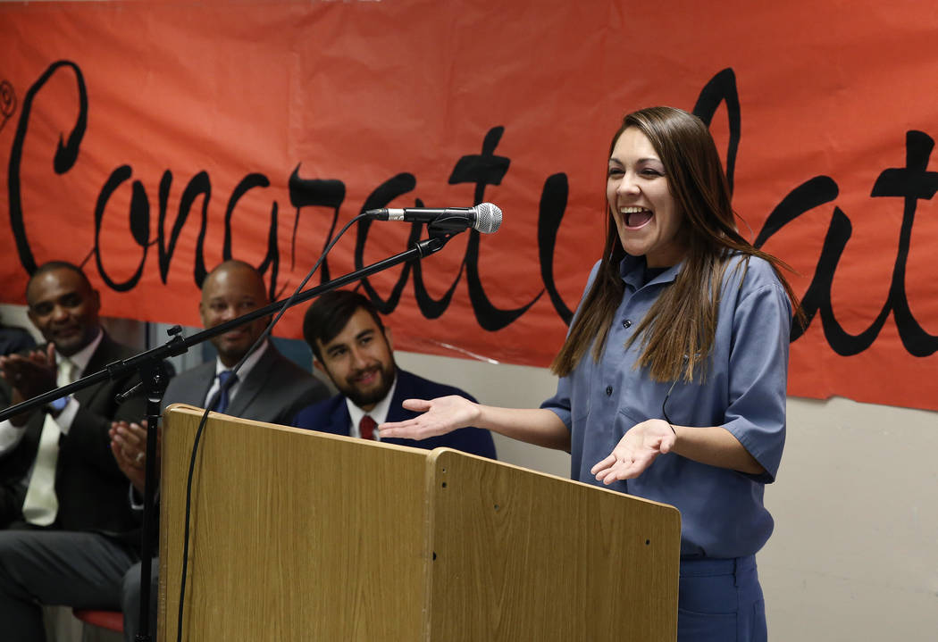 Natasha Barker, inmate at the Florence McClure Women's Correctional Center, speaks during a graduation ceremony for 25 female inmates on Wednesday, June 13, 2018, in Las Vegas. The College of Sout ...