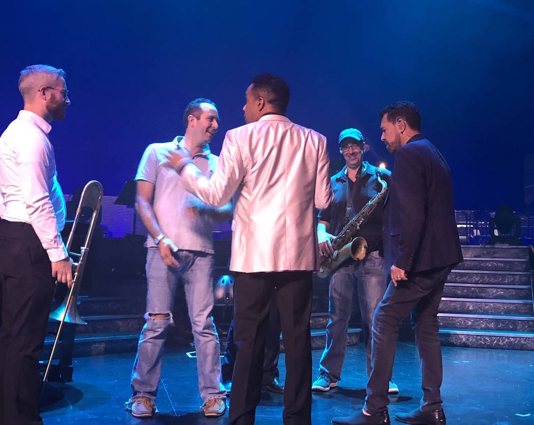 Earl Turner and Clint Holmes are shown with musicians Andrew Boostrom, Christian Tamburr, and Glen Berger during sound check/rehearsal for "Soundtrack" at the Westgate's International Theater, Th ...