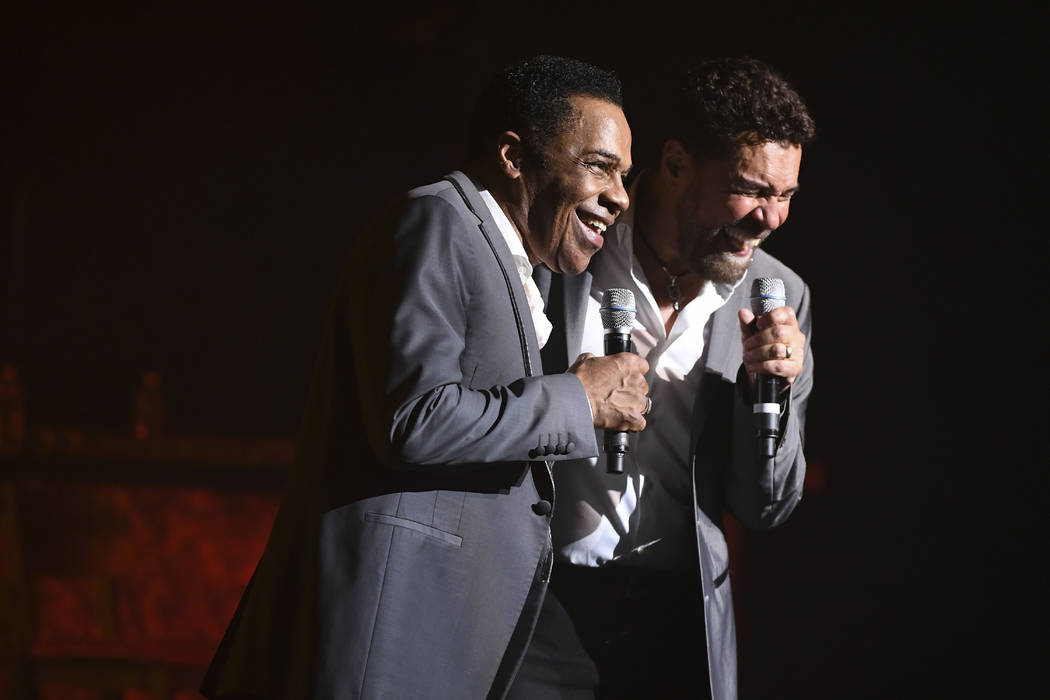 Earl Turner and Clint Holmes perform their show "Soundtrack" at the Westgate's International Theater, Thursday, June 14, 2018. Holmes and Turner filled in when Barry Manilow, who was sch ...