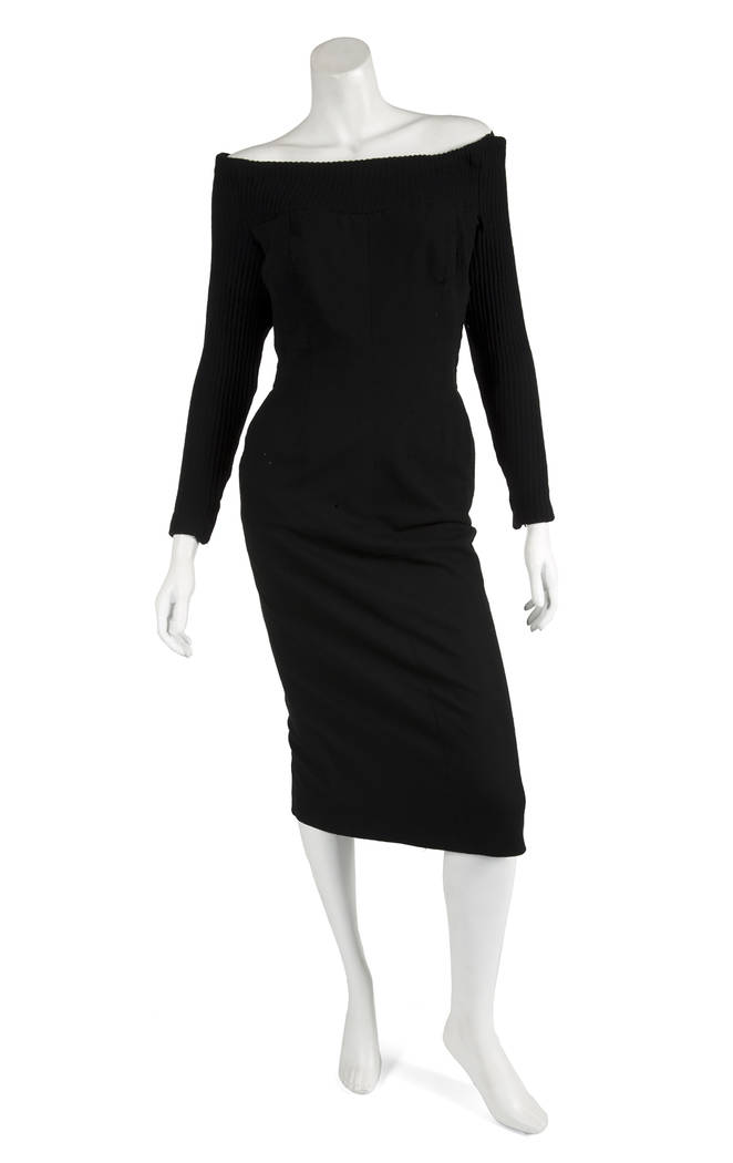 A three-quarter-length black wool dress with knit ballet collar and long sleeves owned by Marilyn Monroe. (Julien's Auctions)