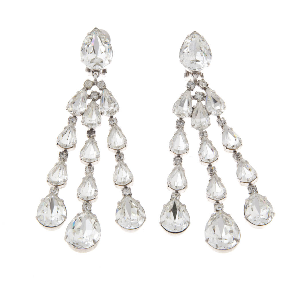 A pair of drop rhinestone ear clips with three strands of teardrop-shaped rhinestones, unmarked. (Julien's Auctions)