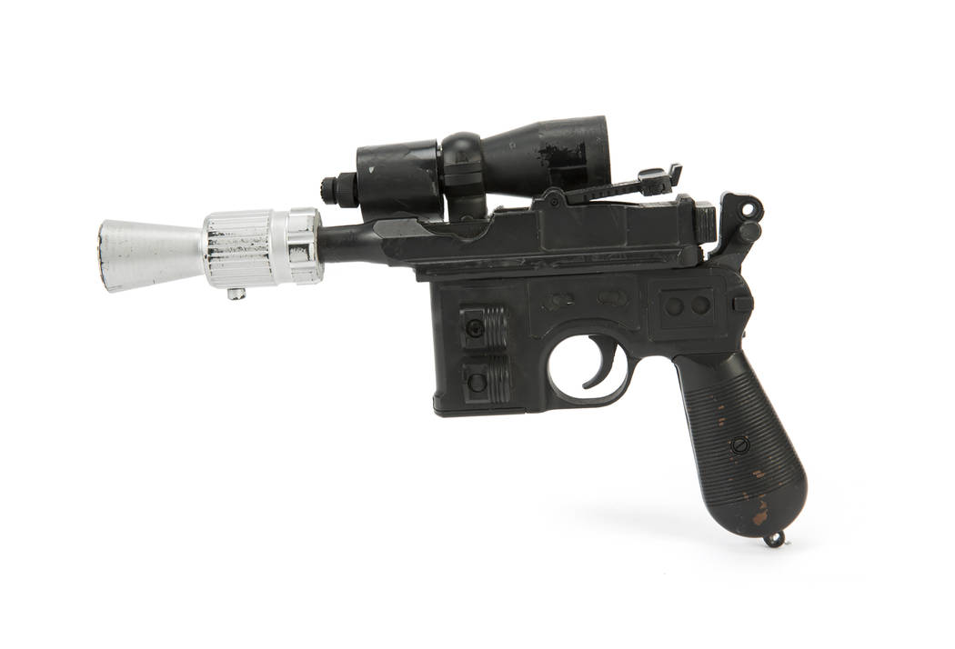 A blaster used by Harrison Ford, who played Han Solo, in "Return of the Jedi." The original production used BlasTech DL-44 blaster prop weapon was custom-made specifically for the film. (Julien's ...