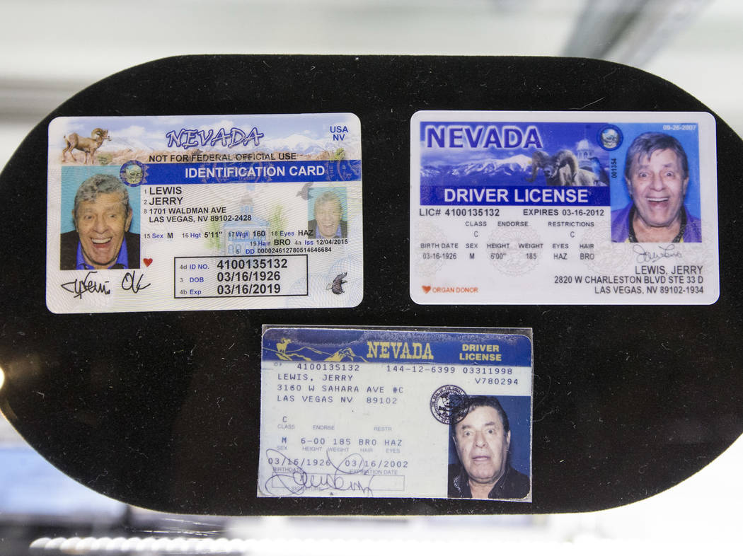 A trio of driver licenses issued to comedian Jerry Lewis are on display in the Julian's Auctions Property from Lewis' estate. The auction will be on Monday, June 18, 2018, at Planet Hollywood Reso ...