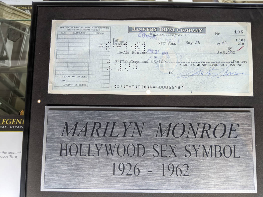 A check signed by Marilyn Monroe on display as part of Julian's Auctions Hollywood Legends collection at Planet Hollywood in Las Vegas on Monday, June 18, 2018. Items from the Hollywood Legends co ...