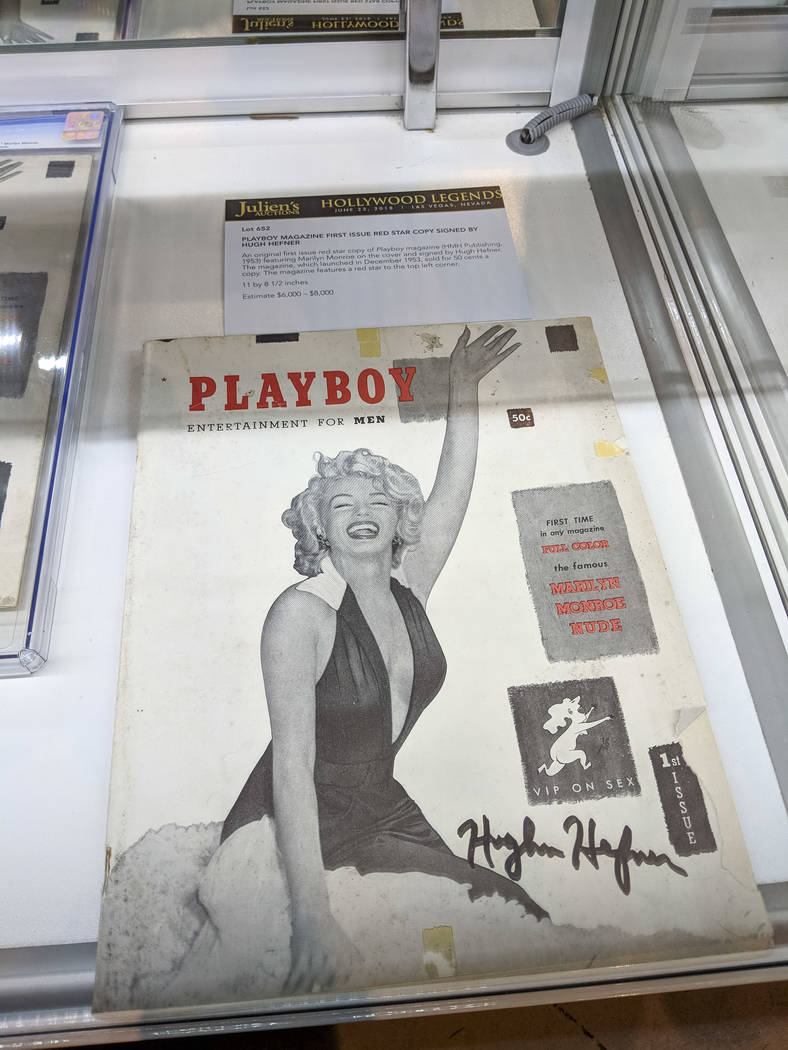A first issue copy of Playboy magazine featuring Marilyn Monroe and autographed by Playboy's founder Hugh Hefner on display as part of Julian's Auctions Hollywood Legends collection at Planet Holl ...