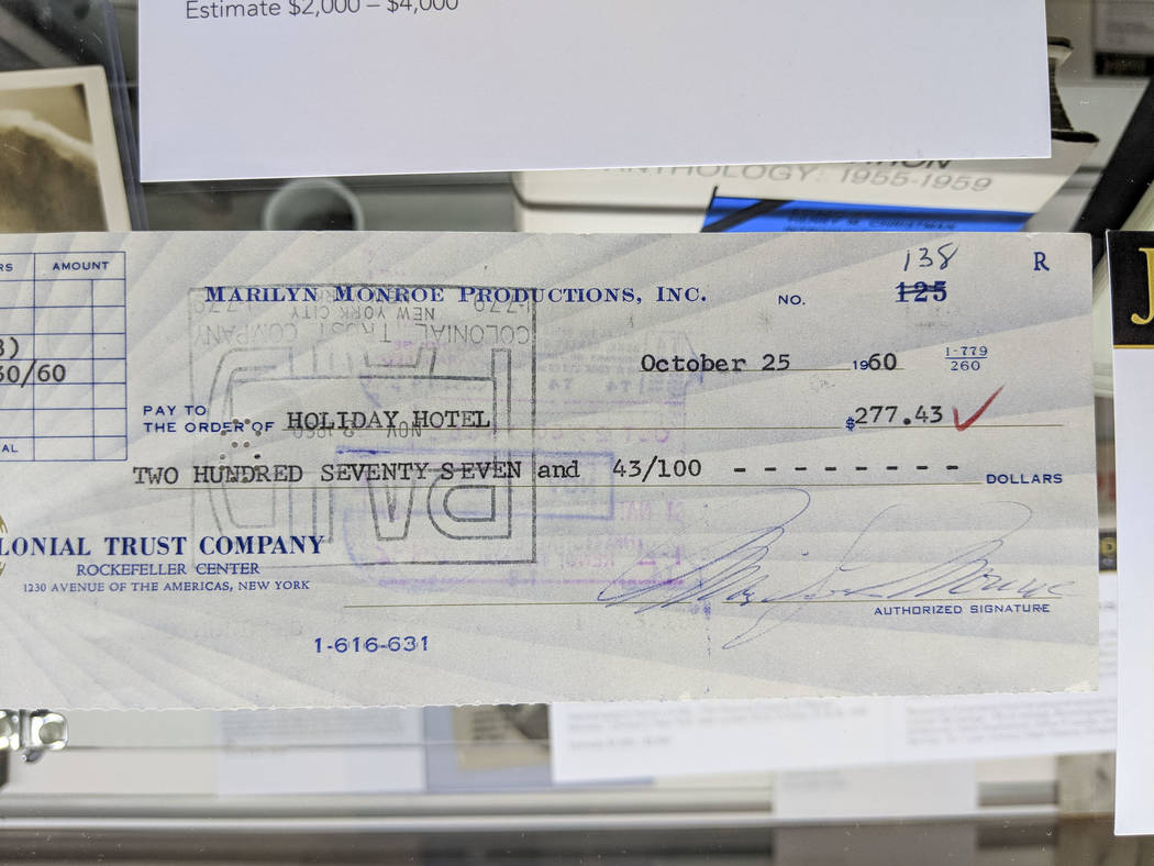 A check signed by Marilyn Monroe on display as part of Julian's Auctions Hollywood Legends collection at Planet Hollywood in Las Vegas on Monday, June 18, 2018. Items from the Hollywood Legends co ...