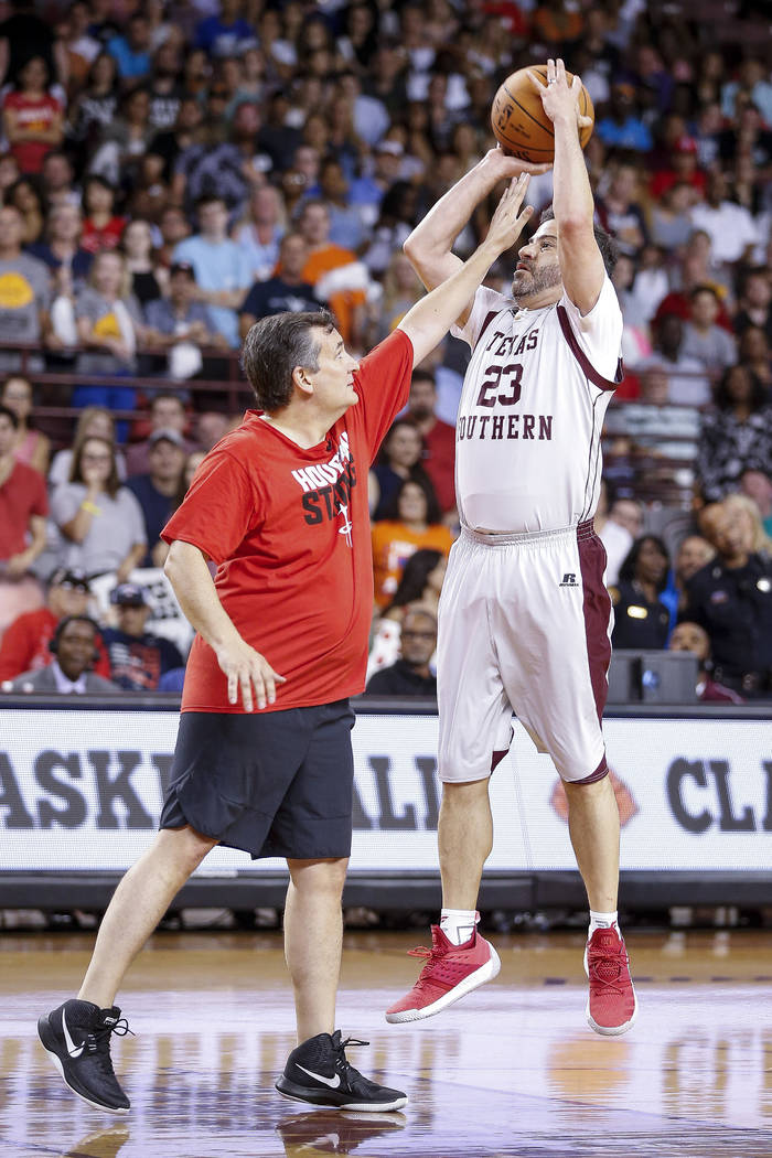 Jimmy Kimmel takes a shot over senator Ted Cruz during the Blobfish Basketball Classic and one-on-one interview at Texas Southern University's Health & Physical Education Arena Saturday, June ...