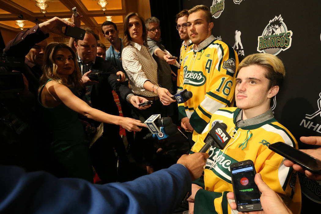 Humboldt Broncos, from left, Tyler Smith, Kaleb Dahlgren and Ryan Straschnitzki to talk to the news media at the Encore at Wynn Las Vegas Tuesday, June 19, 2018. K.M. Cannon Las Vegas Review-Jour ...