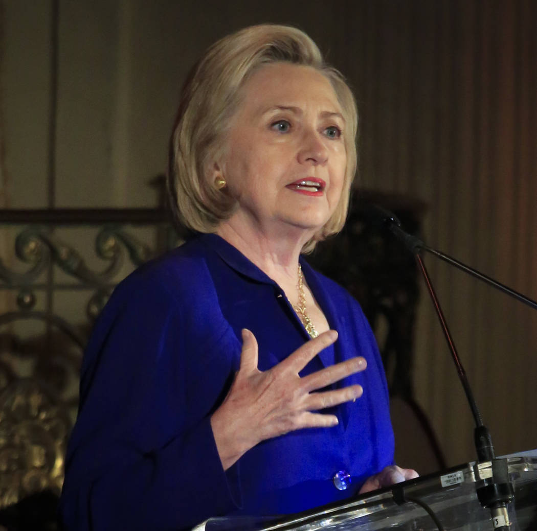 Hillary Clinton delivers the keynote address at the 8th Annual Elly Award luncheon, after being one three women receiving this year's award on Monday, June 18, 2018, in New York. Clinton on Monday ...