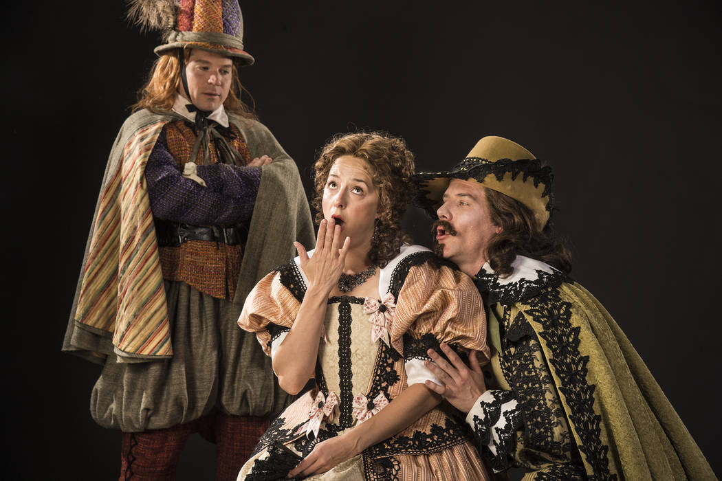 Brandon Burk (left) as Cliton, Betsy Mugavero as Clarice and Jeb Burris as Dorante in the Utah Shakespeare Festival’s 2018 production of "The Liar," which opens Sept. 14. Karl Hugh/Utah Shakespe ...
