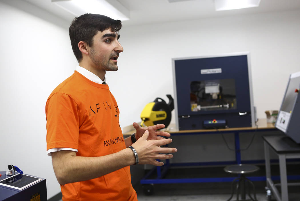 Matthew Viton, prototyping lab coordinator, gives a tour of the lab at the grand debut of the completed Innovation Center and lab at AFWERX Vegas in Las Vegas on Tuesday, June 19, 2018. Chase Stev ...