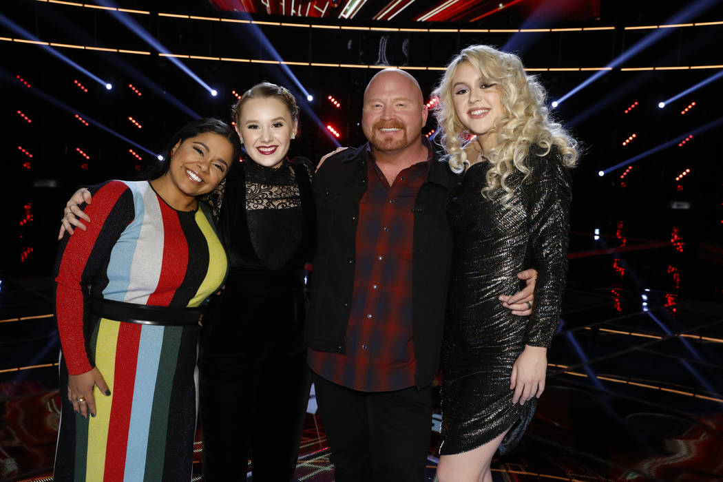 From left, Brooke Simpson, Addison Agen, Red Marlow and Chloe Kohanski star in “The Voice — Neon Dreams.” (Trae Patton/NBC)