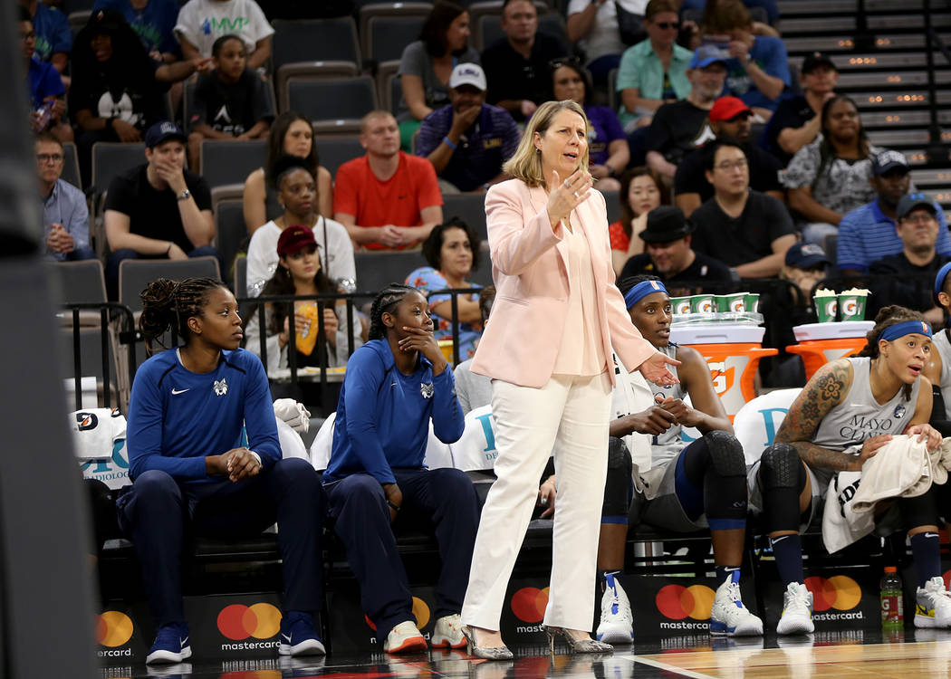 Minnesota Lynx Coach Cheryl Reeve gestures to her players in the first half of a WNBA basketball game against the Las Vegas Aces at the Mandalay Bay Events Center in Las Vegas, Sunday, June 24, 20 ...