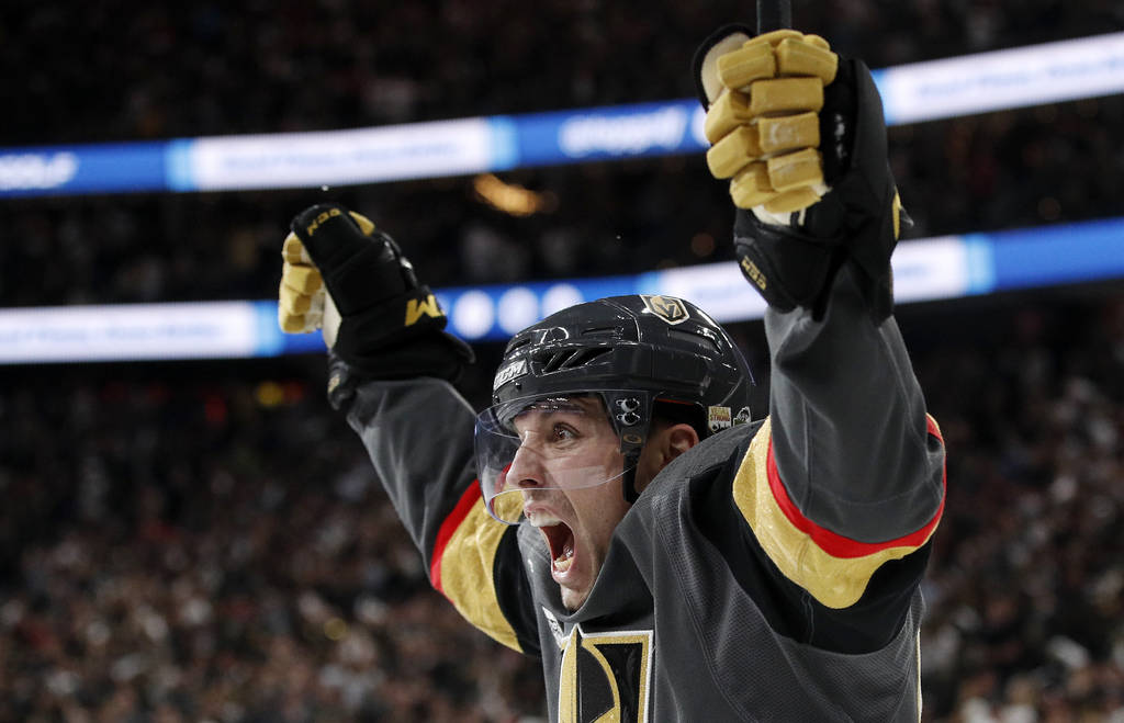 Vegas Golden Knights left wing David Perron celebrates his goal during the second period in Game 5 of the NHL hockey Stanley Cup Finals against the Washington Capitals on Thursday, June 7, 2018, i ...