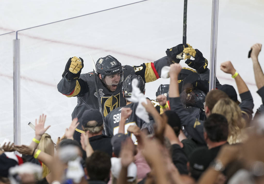 Vegas Golden Knights left wing David Perron (57) celebrates his second period goal against the Washington Capitals in Game 5 of the NHL hockey Stanley Cup Final at T-Mobile Arena in Las Vegas on T ...