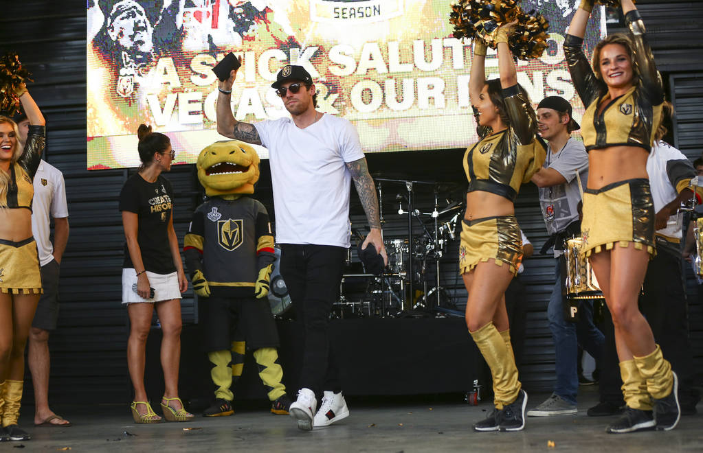 Golden Knights left wing James Neal is introduced during the "Stick Salute to Vegas and Our Fans" held by the Golden Knights at the 3rd Street Stage at the Fremont Street Experience in d ...