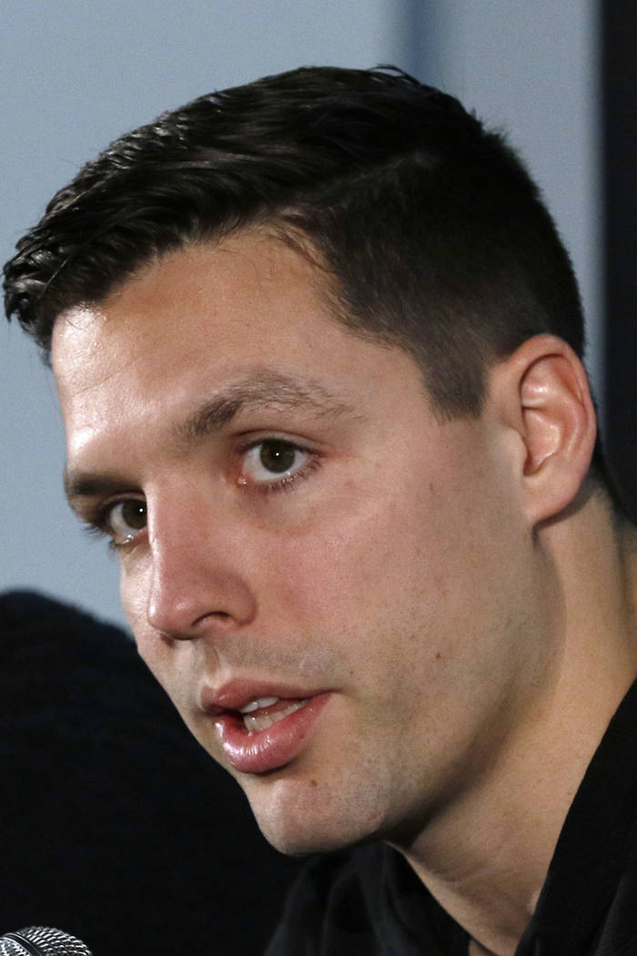 Vegas Golden Knights forward David Perron, right, speaks to the media as defenseman Luca Sbisa, left, of Italy, listens, Sunday, June 3, 2018, at Kettler Capitals Iceplex in Arlington, Va. The Gol ...