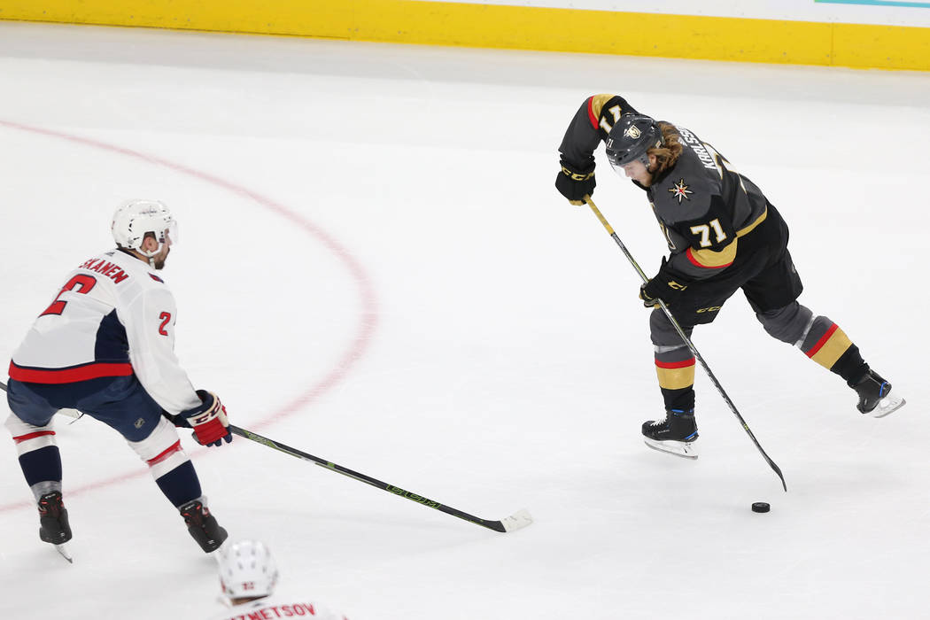 Washington Capitals defenseman Matt Niskanen (2) defends against Vegas Golden Knights center William Karlsson (71) during the first period in Game 2 of the NHL hockey Stanley Cup Final at T-Mobile ...
