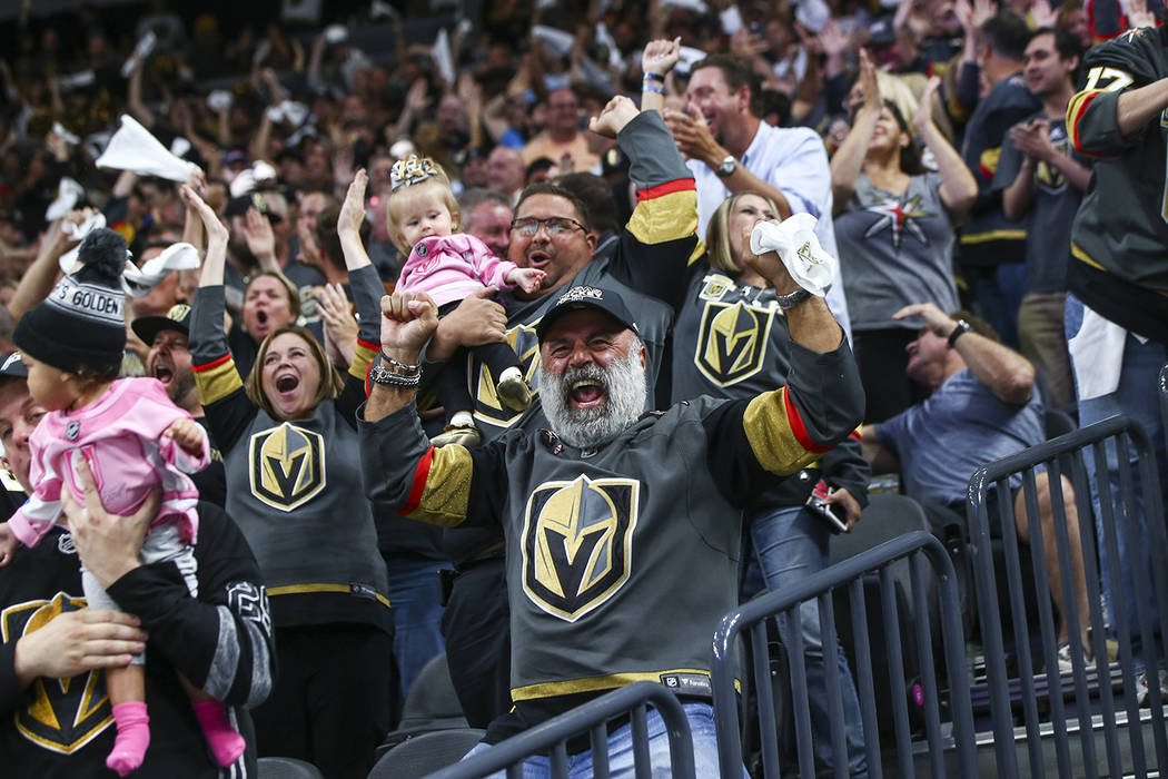 Golden Knights fans celebrate a goal in the Stanley Cup Final against the Washington Capitals at T-Mobile Arena in Las Vegas on Thursday, June 7, 2018. Chase Stevens Las Vegas Review-Journal @csst ...