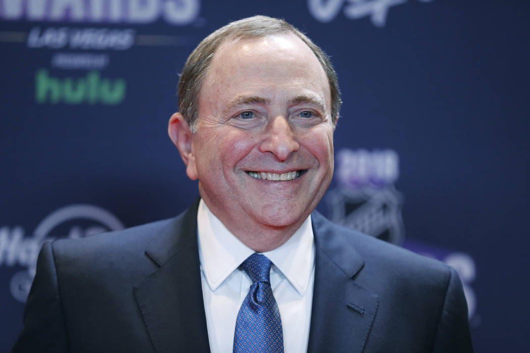 In this June 20, 2018, file photo, Gary Bettman, commissioner of the National Hockey League, poses on the red carpet before the NHL Awards in Las Vegas. Bettman was selected to the Hockey Hall of ...
