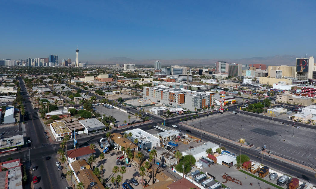 Aerial photo of downtown housing on East Fremont Street on Monday, June 25, 2018. Michael Quine Las Vegas Review-Journal @Vegas88s