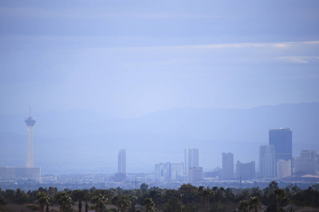 Haze obscures the Las Vegas Strip, seen from the west side of the valley, Monday, Feb. 20, 2017. (Brett Le Blanc/Las Vegas Review-Journal) @bleblancphoto