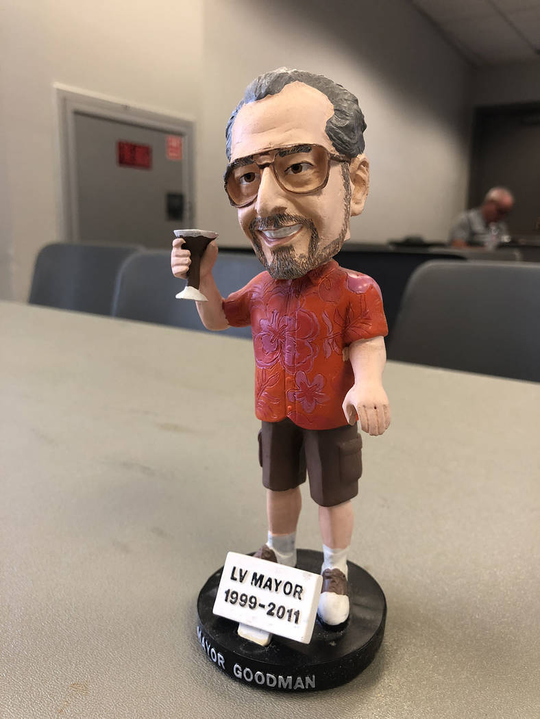A bobblehead of former Las Vegas Mayor Oscar Goodman, holding a martini glass, was part of a popular series of 51s giveaways. (Betsy Helfand/Las Vegas Review-Journal)