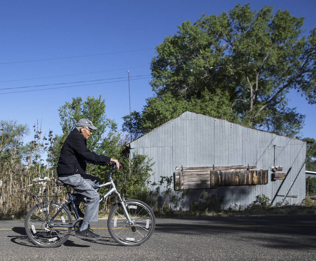 Angel Delgadillo, 91, rides his bike to Delgadillo's Route 66 Gift Shop on Wednesday, May 16, 2018, in Seligman, AZ. Benjamin Hager Las Vegas Review-Journal @benjaminhphoto