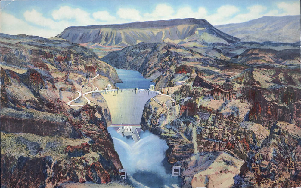Postcard showing Hoover Dam, circa 1930s-1940s Boulder Dam Service Bureau Original Collection Manis Collection