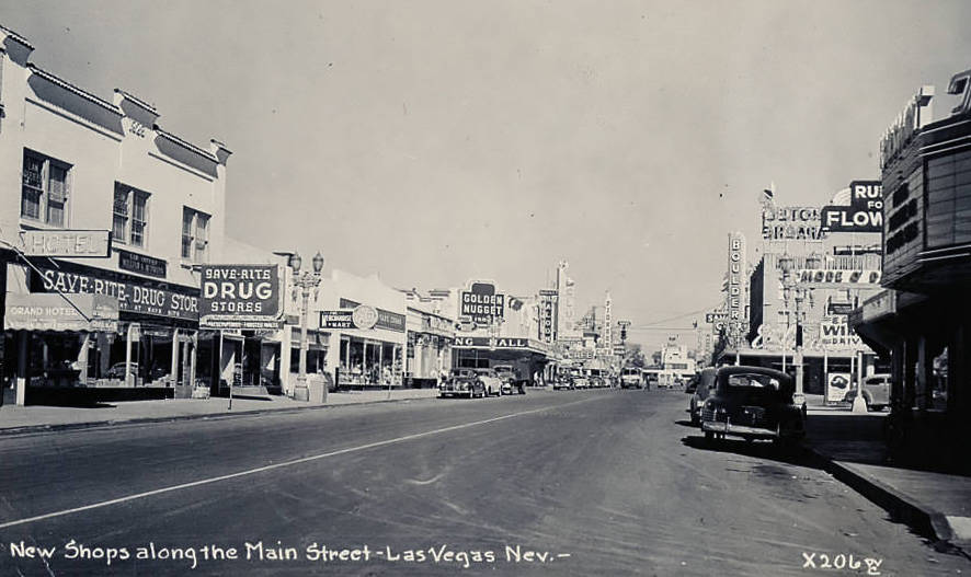 Photograph of shops on Fremont Street, Las Vegas (Nev.), 1930s Description Fremont Street postcard, Las Vegas Nevada. Text at the bottom reads: "New shops along the Main Street-Las Vegas, Nev." S ...