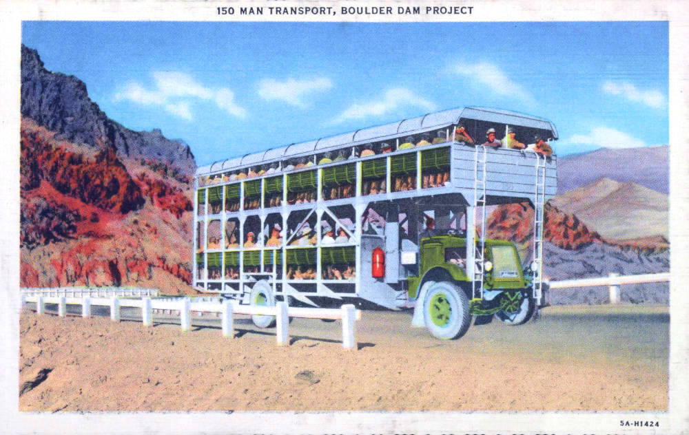 Postcard showing a 150 man transport for the Boulder Dam Project, Hoover Dam, circa 1930s Group Creator Boulder Dam Service Bureau