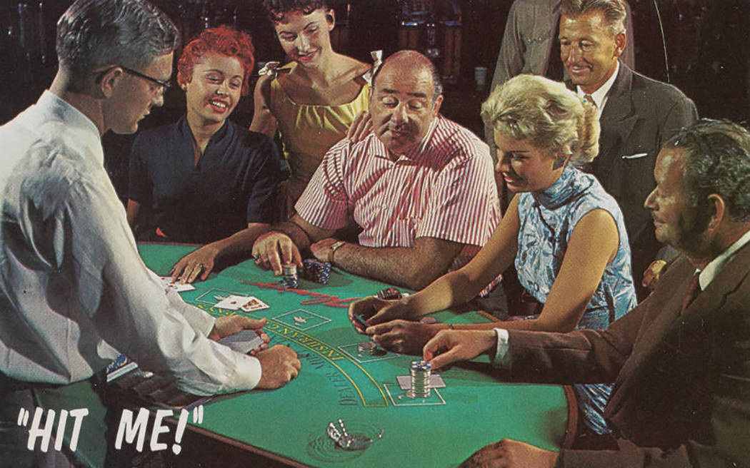 Digital ID pho020268 Title Postcard of people playing blackjack at the Flamingo Hotel and Casino, Las Vegas (Nev.), late 1950s-early 1960s Description Postcard showing people gambling at a blac ...