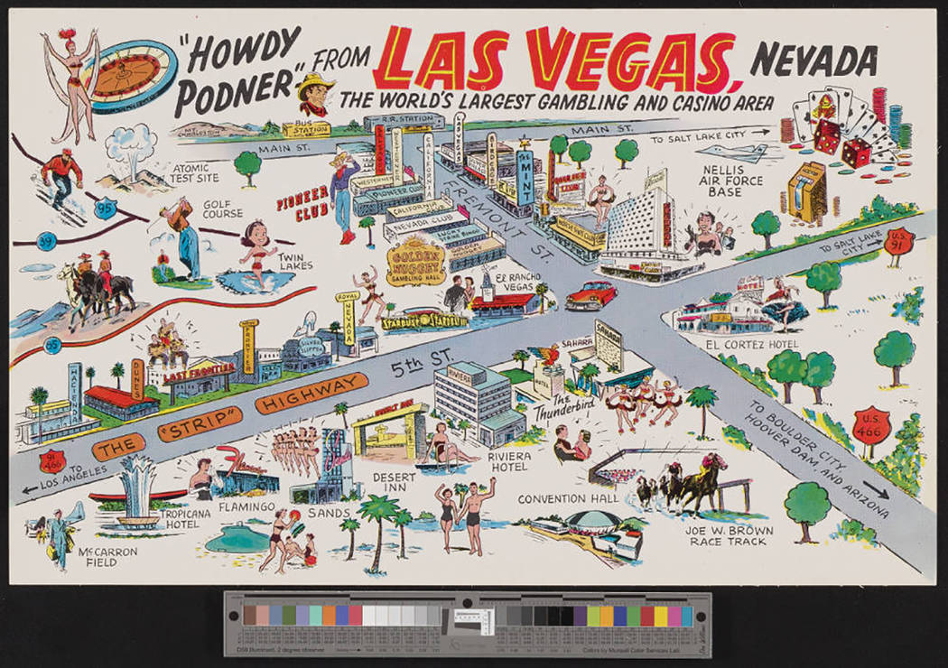 Postcard withPostc caricature map of attractions in and around Las Vegas, Nevada, 1959-1960s Description Oversized postcard with caricature map of attractions in and around Las Vegas, Nevada, fe ...