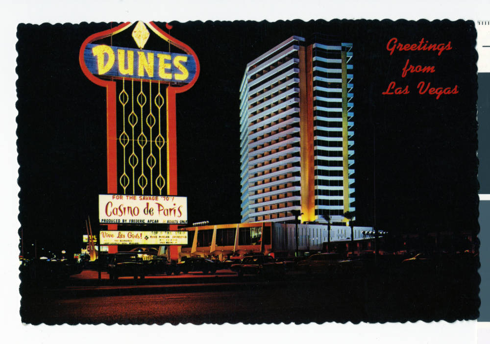 Digital ID pho024936 Title Postcard of the Dunes Hotel, Las Vegas, (Nev.), 1955-1970 Description Night view of the Dunes Hotel and Casino. Postcard reads "Greetings from Las Vegas" So ...
