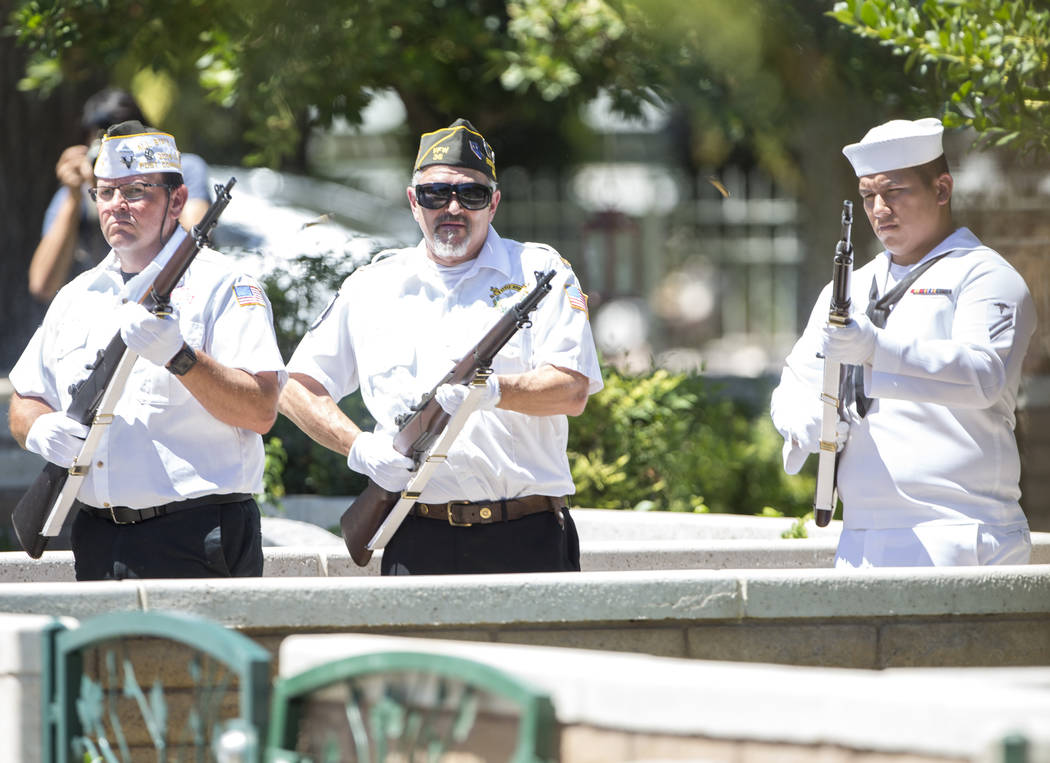 A ceremonial gun salute takes place during the funeral service of "Pawn Stars" patriarch, Richard Benjamin Harrison, known as "The Old Man," at his funeral service at Palm Nort ...