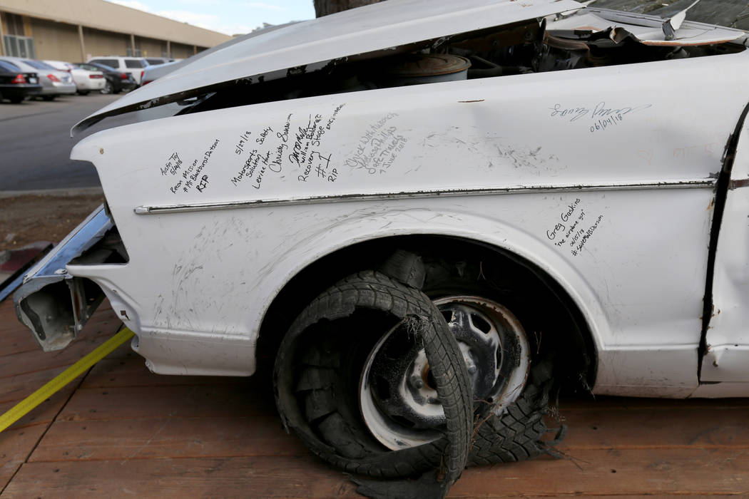 A car that belonged to the late Las Vegas Showboat casino blackjack dealer Mark Blackburn with ...