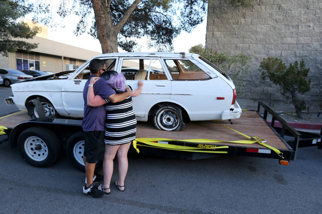 Lalani Blackburn-Bill of Easton, Pa. hugs friend Michael "Mykee" Charleboix of Las Vegas after ...