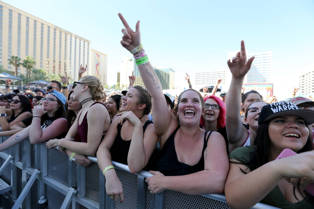 Fans, including Jess Roberts, of Boulder, Colo., second from right, watch Mayday Parade during Warped Tour at Downtown Las Vegas Events Center on Friday, June 29, 2018. K.M. Cannon Las Vegas Revie ...