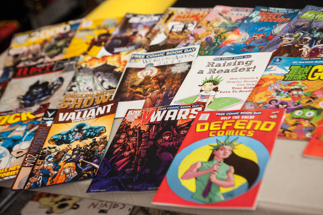 A selection of comics slated to be given out on Free Comic Book Day are seen on display at Alternate Reality Comics, 4110 S. Maryland Parkway, in Las Vegas on Wednesday, April 23, 2014. Free Comic ...