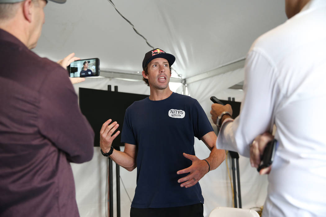 Travis Pastrana, professional motorsports competitor and stunt performer, is interviewed at the Caesars Palace casino-hotel in Las Vegas, Friday, July 6, 2018. Pastrana will be attempting to jump ...