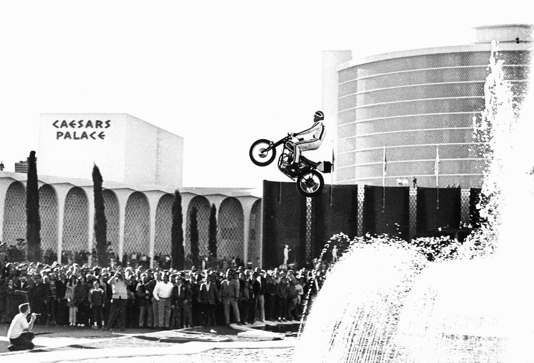 Evel Knievel jumps the fountains at Caesars Palace on 12-31-67 in Las Vegas, Nevada. (Photo courtesy: Las Vegas News Bureau) Evel Knievel jumps the fountains at Caesars Palace on 12-31-67 in ...