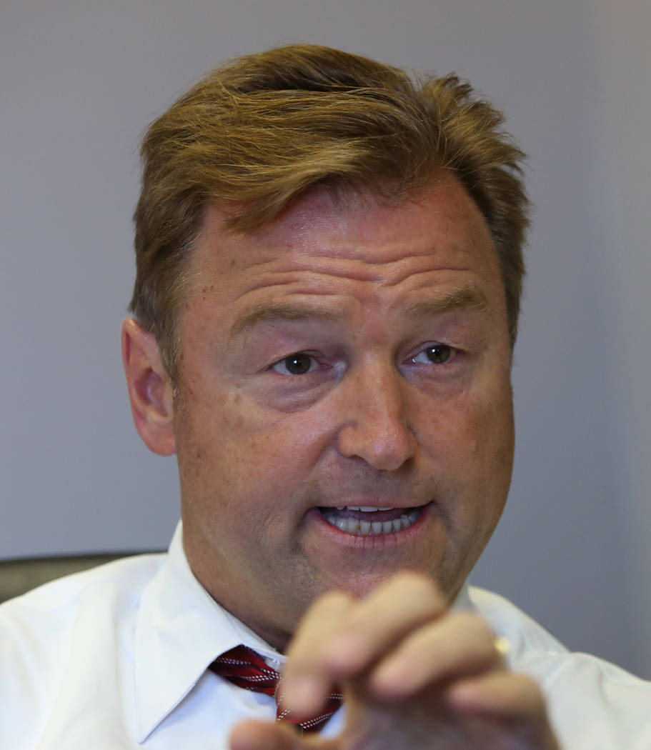 Sen. Dean Heller, R-Nev., speaks during an interview with the Las Vegas Review-Journal at his Las Vegas campaign headquarters on Monday, May 28, 2018. (Bizuayehu Tesfaye/Las Vegas Review-Journal) ...