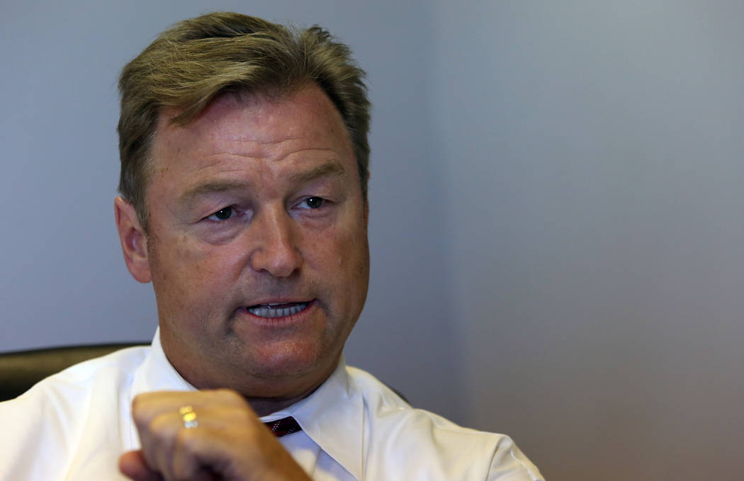 Sen. Dean Heller, R-Nev., speaks during an interview with the Las Vegas Review-Journal at his Las Vegas campaign headquarters on Monday, May 28, 2018. (Bizuayehu Tesfaye/Las Vegas Review-Journal) ...
