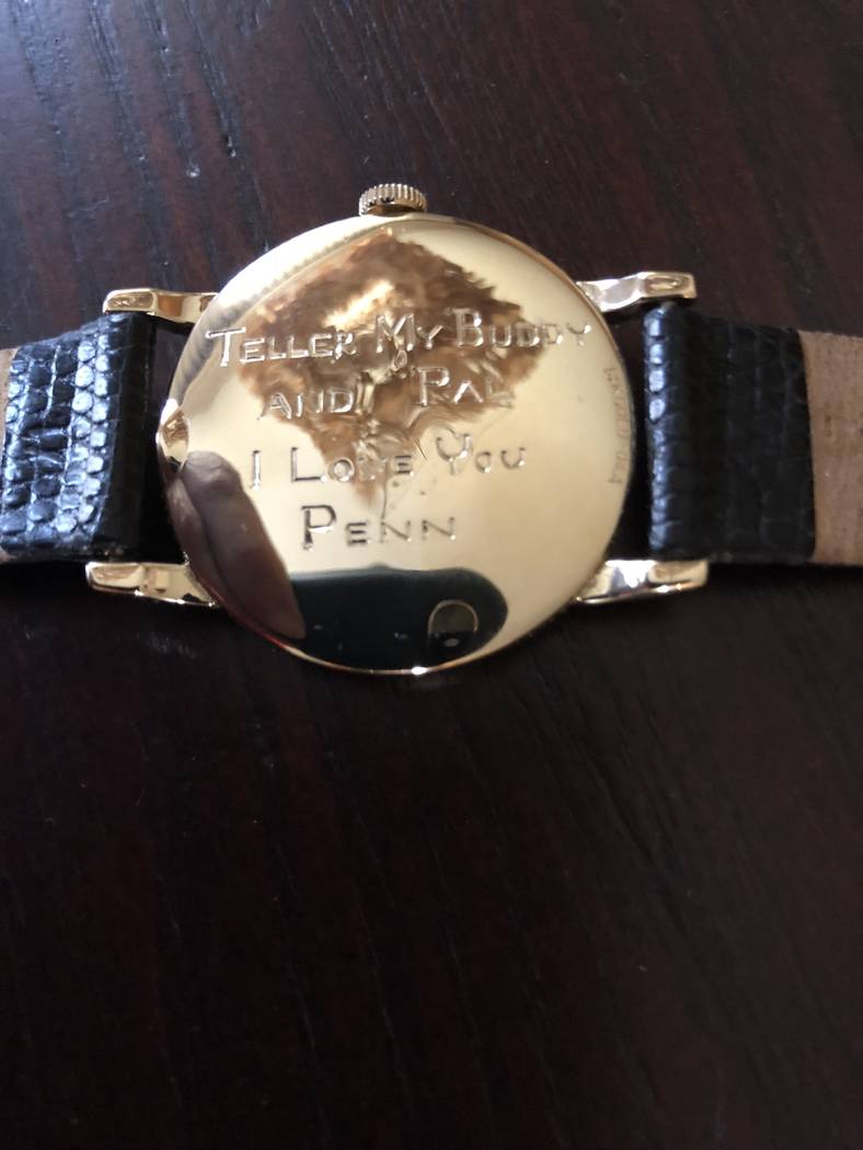 Teller's inscribed watch given to him by Penn Jillette while Teller was hospitalized after back surgery on July 2, 2018. (Glenn Alai)