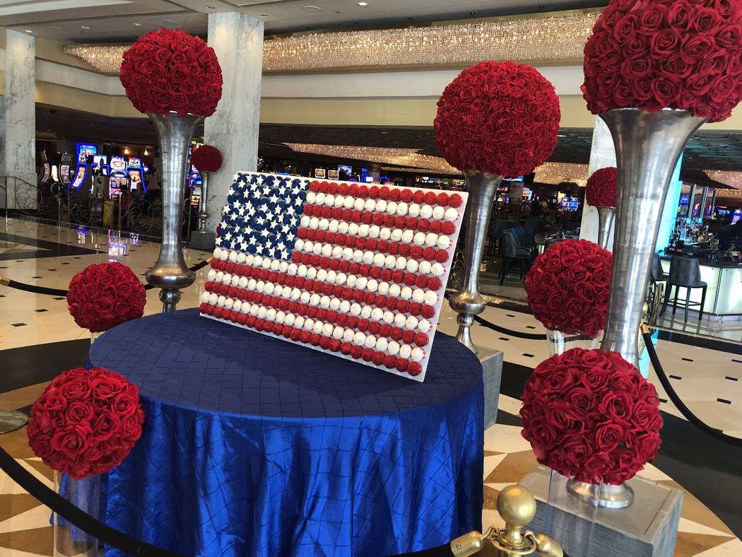 A display of 312 cupcakes in the shape of an American flag is shown at the entrance of Westgate Las Vegas on July 2, 2018. The display was created for the July 4 holiday by Westgate Executive Exec ...