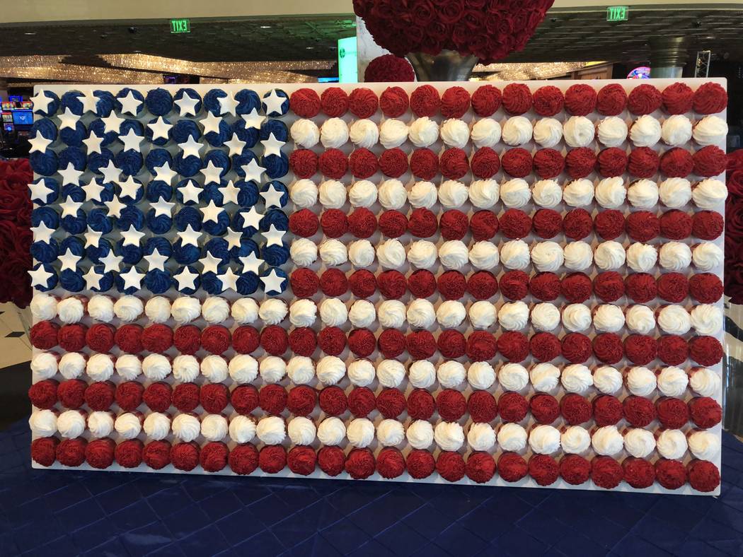 A display of 312 cupcakes in the shape of an American flag is shown at the entrance of Westgate Las Vegas on July 2, 2018. The display was created for the July 4 holiday by Westgate Executive Exec ...