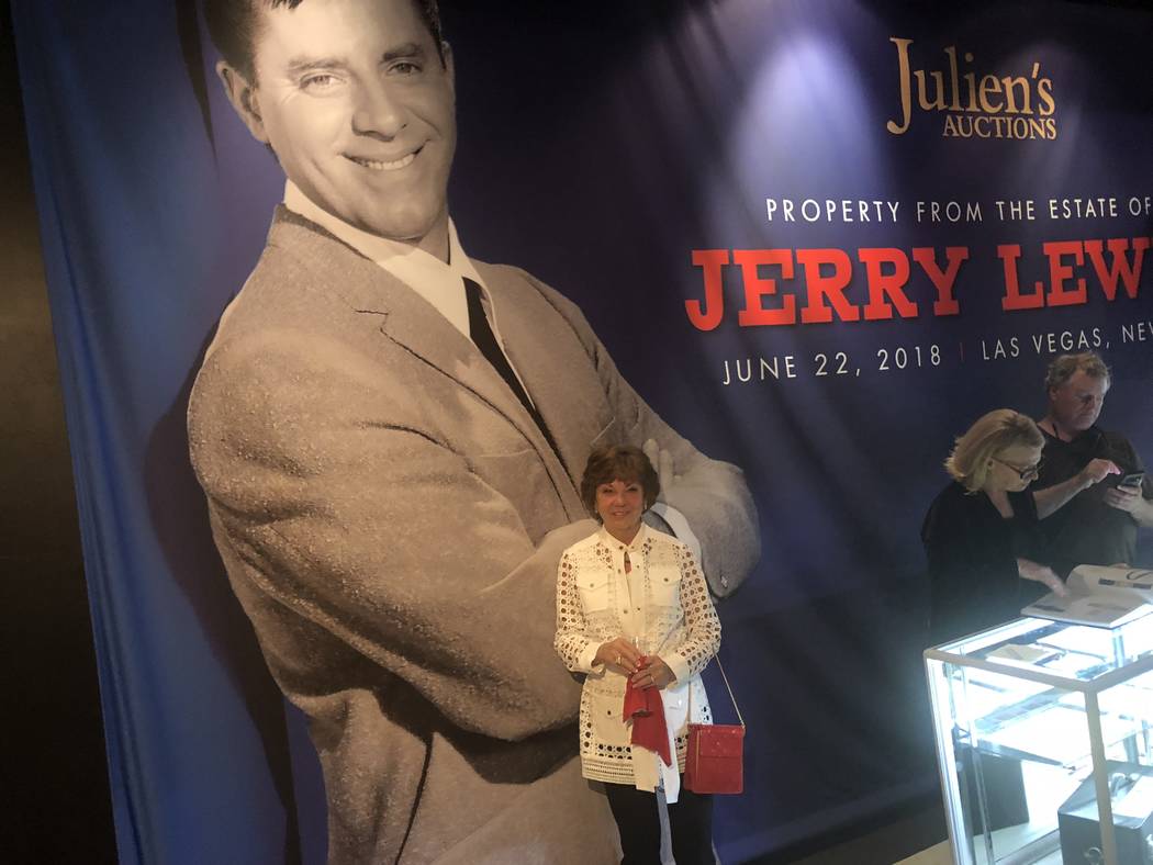 Sam Lewis is shown with and image of her late husband, entertainment legend Jerry Lewis, at Planet Hollywood on Thursday, June 21, 2018. (John Katsilometes/Las Vegas Review-Journal)